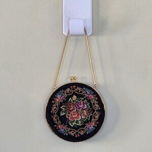 Vintage Floral Petit Point  Purse Round Needlepoint Tapestry Evening Bag Clutch